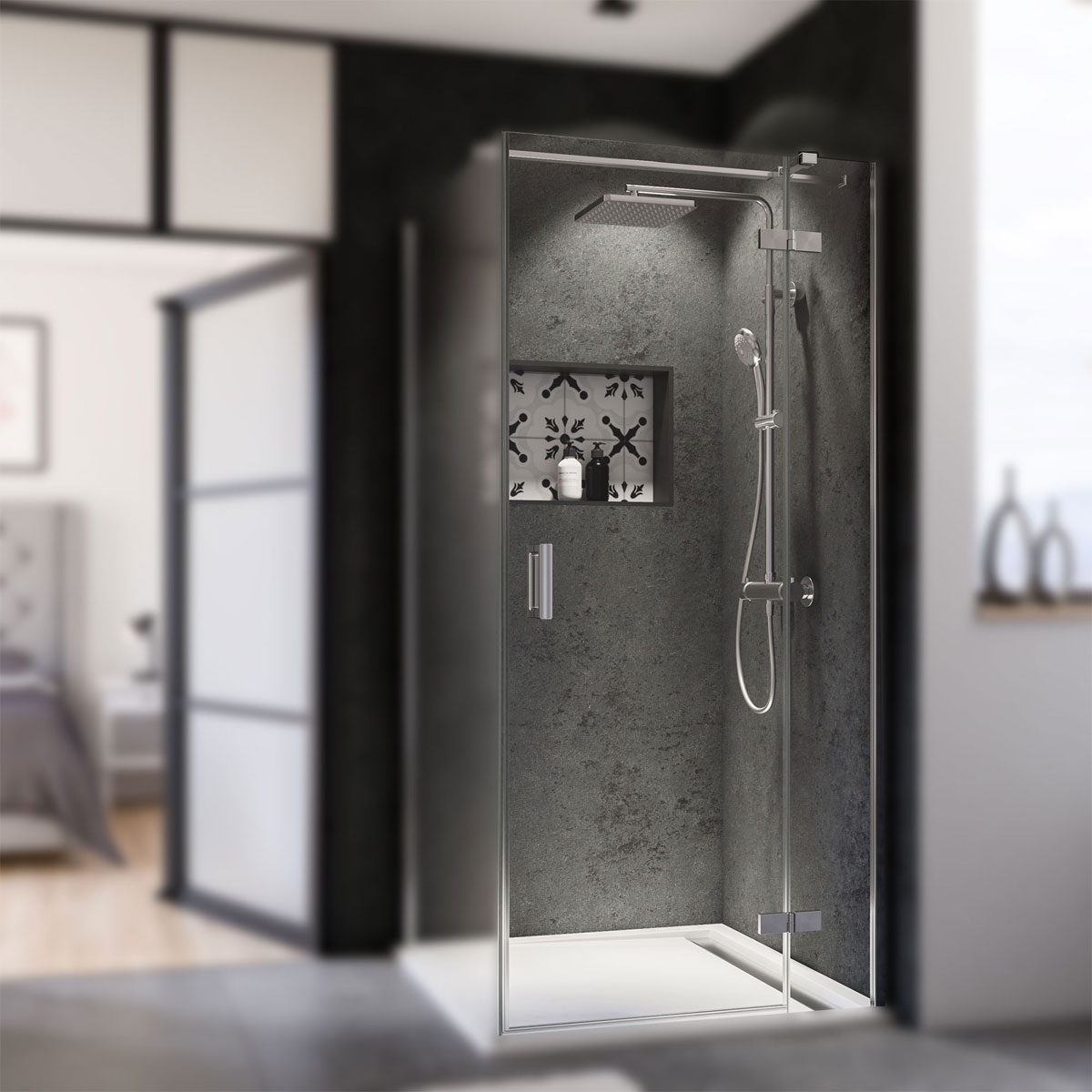 Breuer  Drehtür mit Festteil Panorama für Seitenwand Anschlag rechts alu chromeffekt grau getönt 900 mm Bild 2