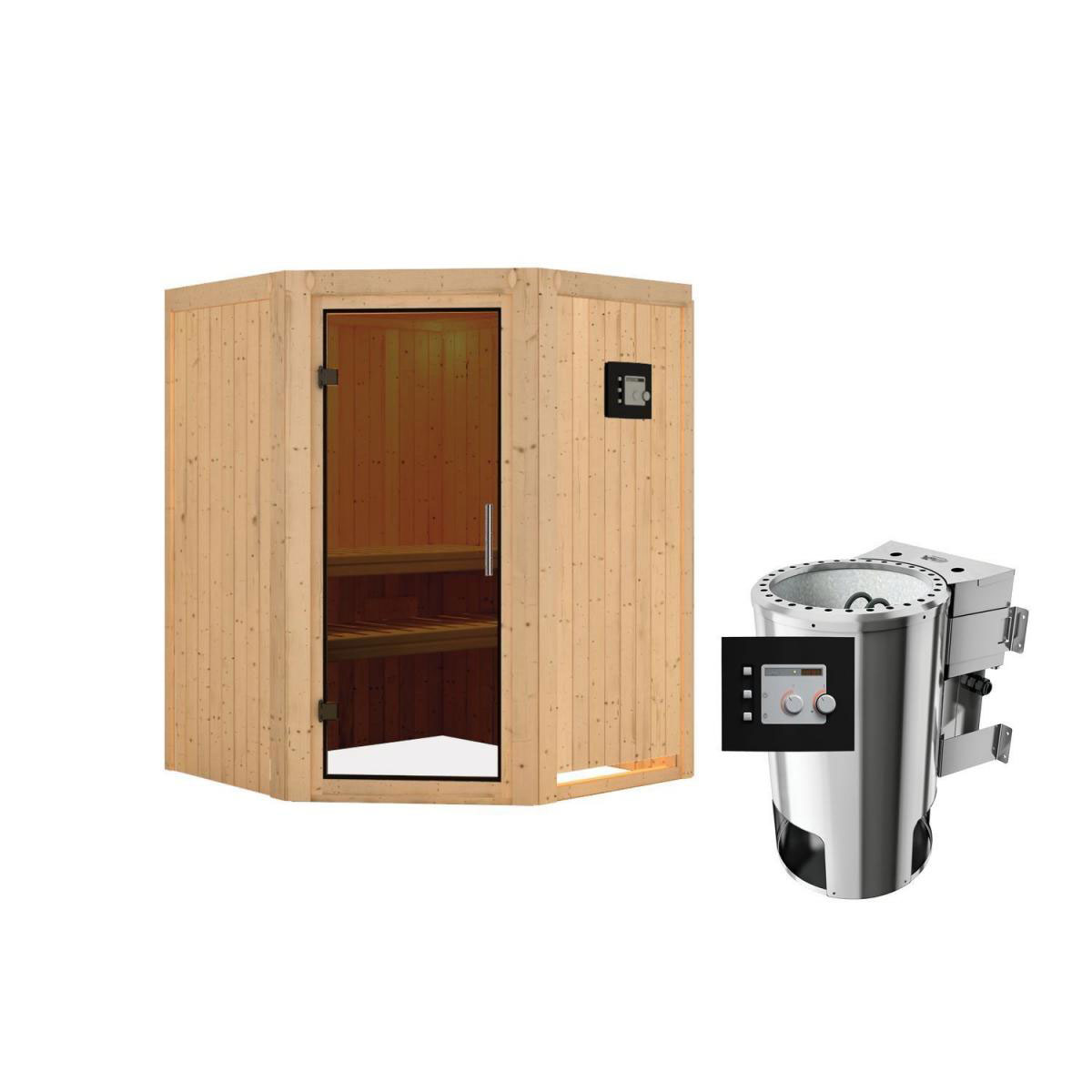 Karibu Sauna Nanja Eckeinstieg 3,6 kW Bio Ofen externe Strg modern kein Kranz Energiespartür Bild 1