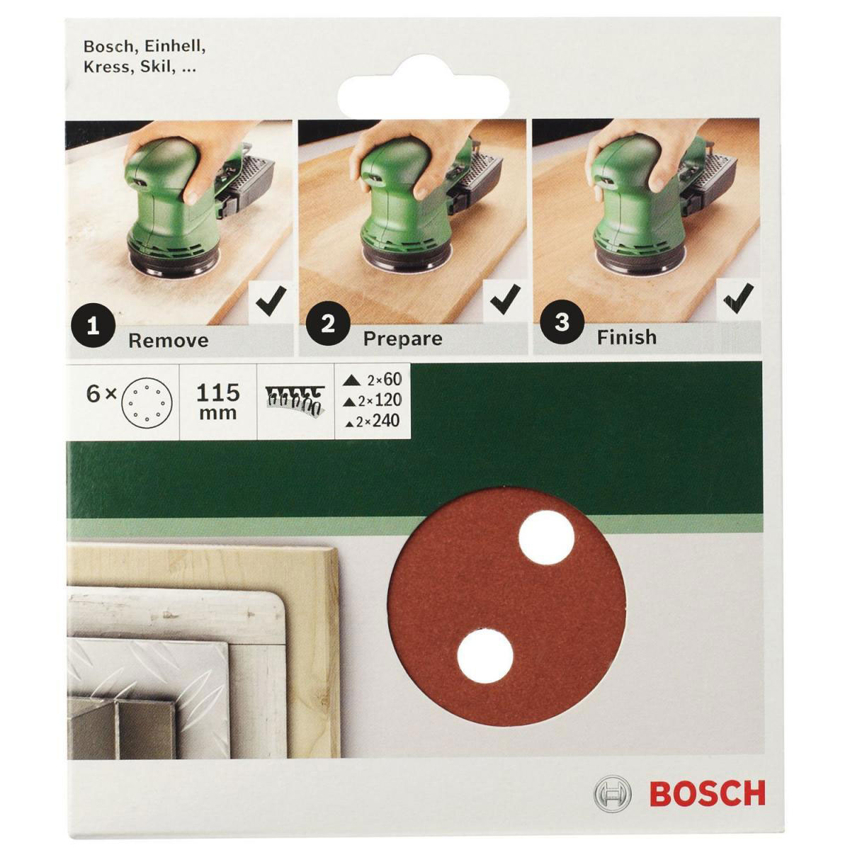 Bosch  DIY Schleifblatt Durchmesser 115 mm 2x G60/120/240 8 Löcher Klett 6- teilig  Bosch  DIY Schleifblatt Durchmesser 115 mm 2x G60/120/240 8 Löcher Klett 6- teilig