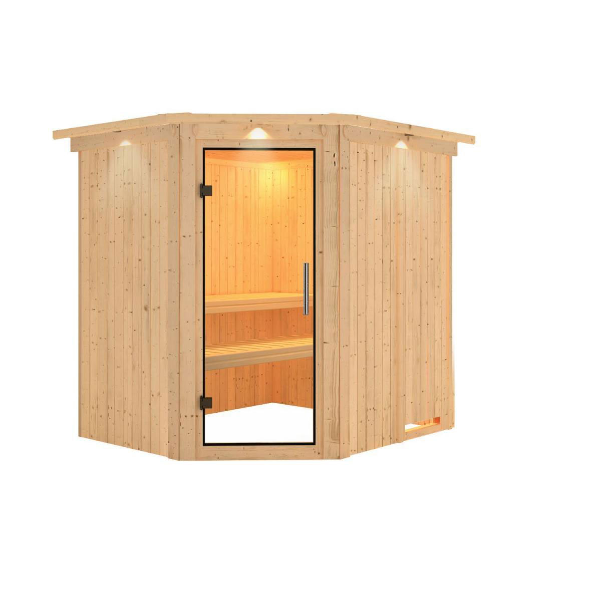 Karibu Sauna Siirin Eckeinstieg ohne Ofen mit Kranz Klarglas-Tür