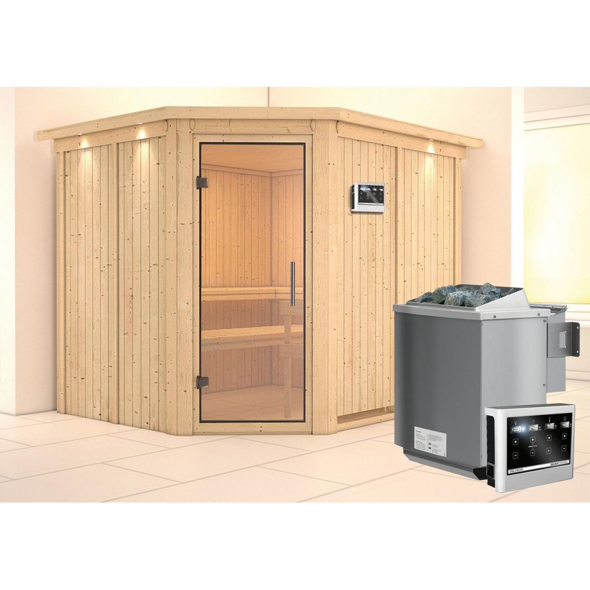 Karibu Sauna Malin Eckeinstieg 9kW Bio Ofen mit Kranz Klarglas-Tür Bild 7