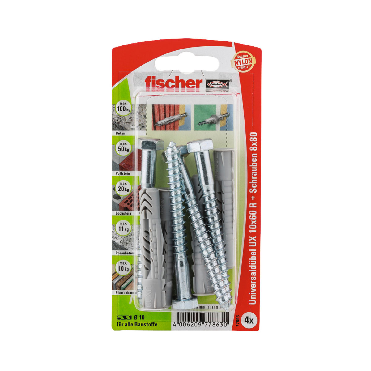 Fischer  Universaldübel UX 10 x 60 mm mit Rand und Schraube 4 Stück