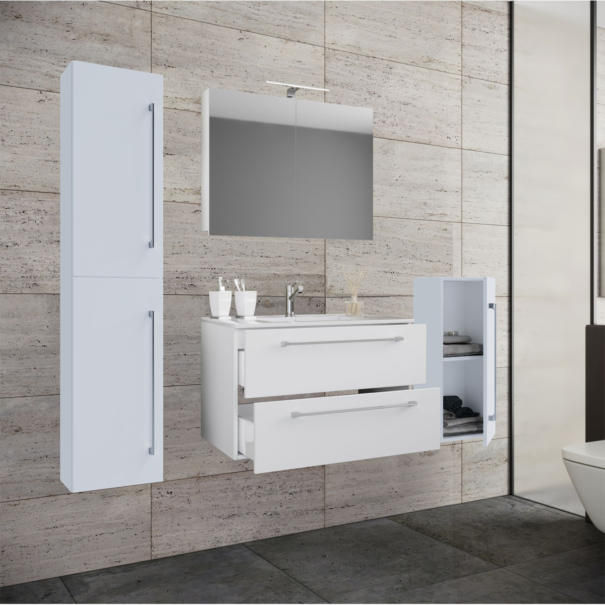 Waschplatz 80 cm 5-teiliges Set 2 Schubfächer mit Spiegelschrank weiß