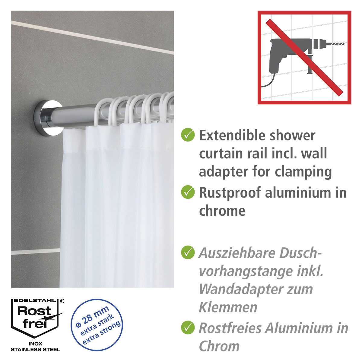Wenko Teleskop-Duschstange Luz 110 - 185 cm Chrom Ausziehbare Duschvorhangstange aus rostfreiem Edelstahl
