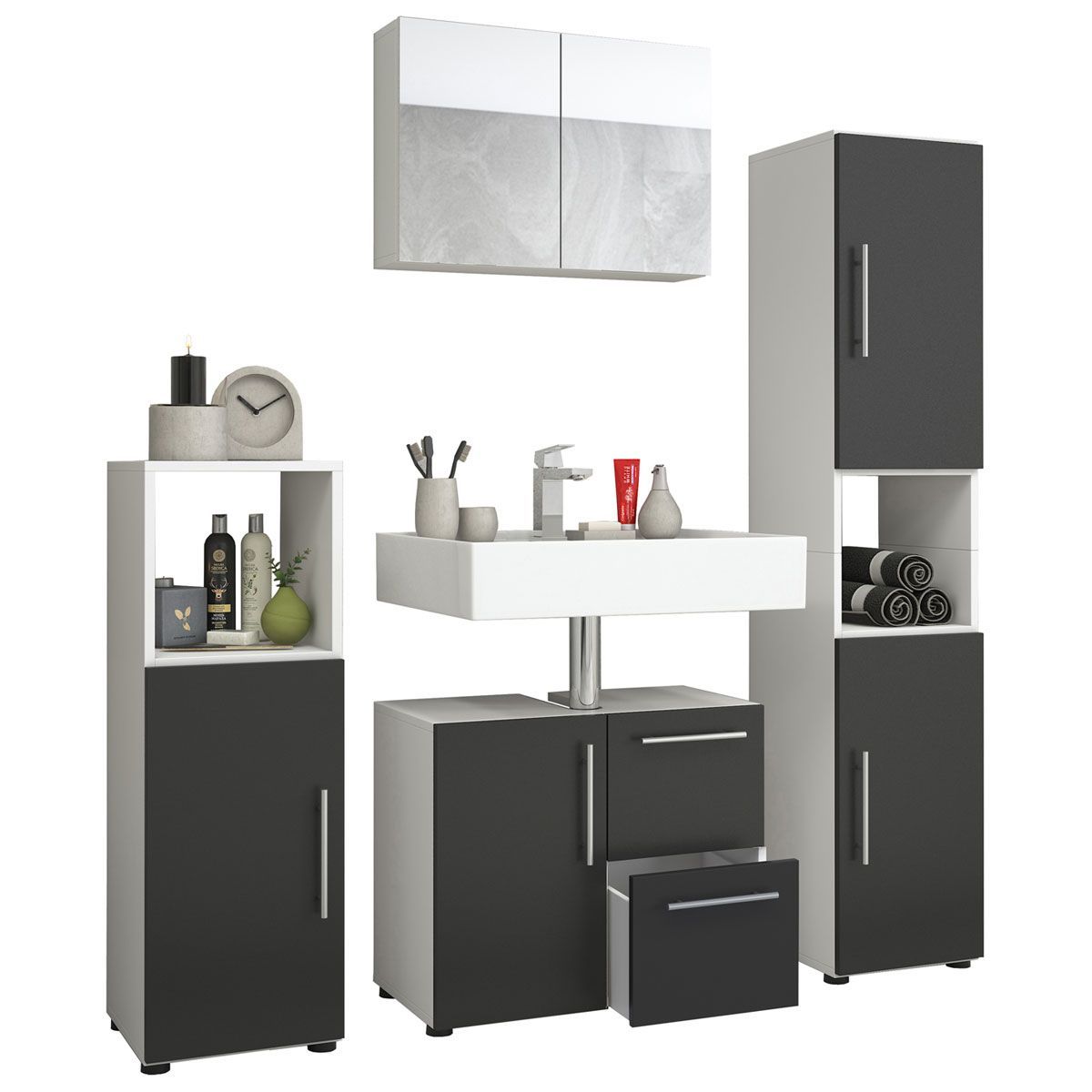 Badset Flandu mit Spiegelschrank weiß/schwarz Bild 1