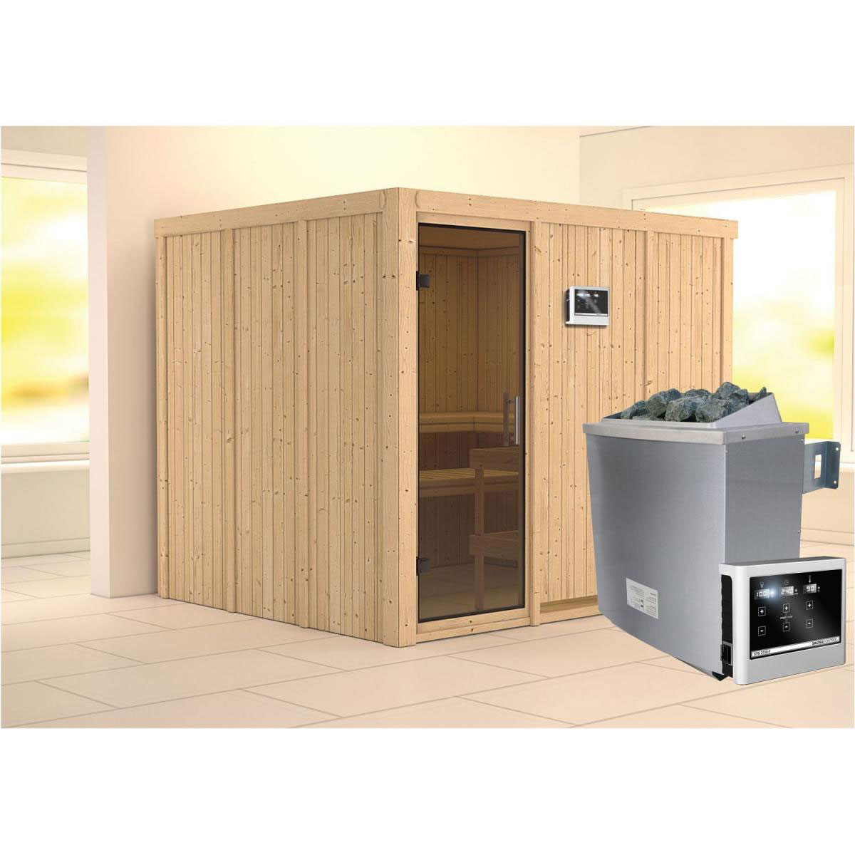 Karibu Gobin Fronteinstieg 9 kW Ofen externe Strg modern ohne Kranz graphitfarbene Tür