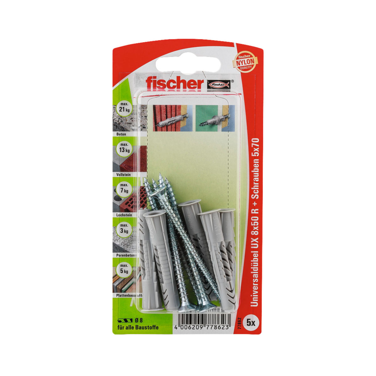 Fischer  Universaldübel UX 8 x 50 mm mit Rand und Schraube 5 Stück