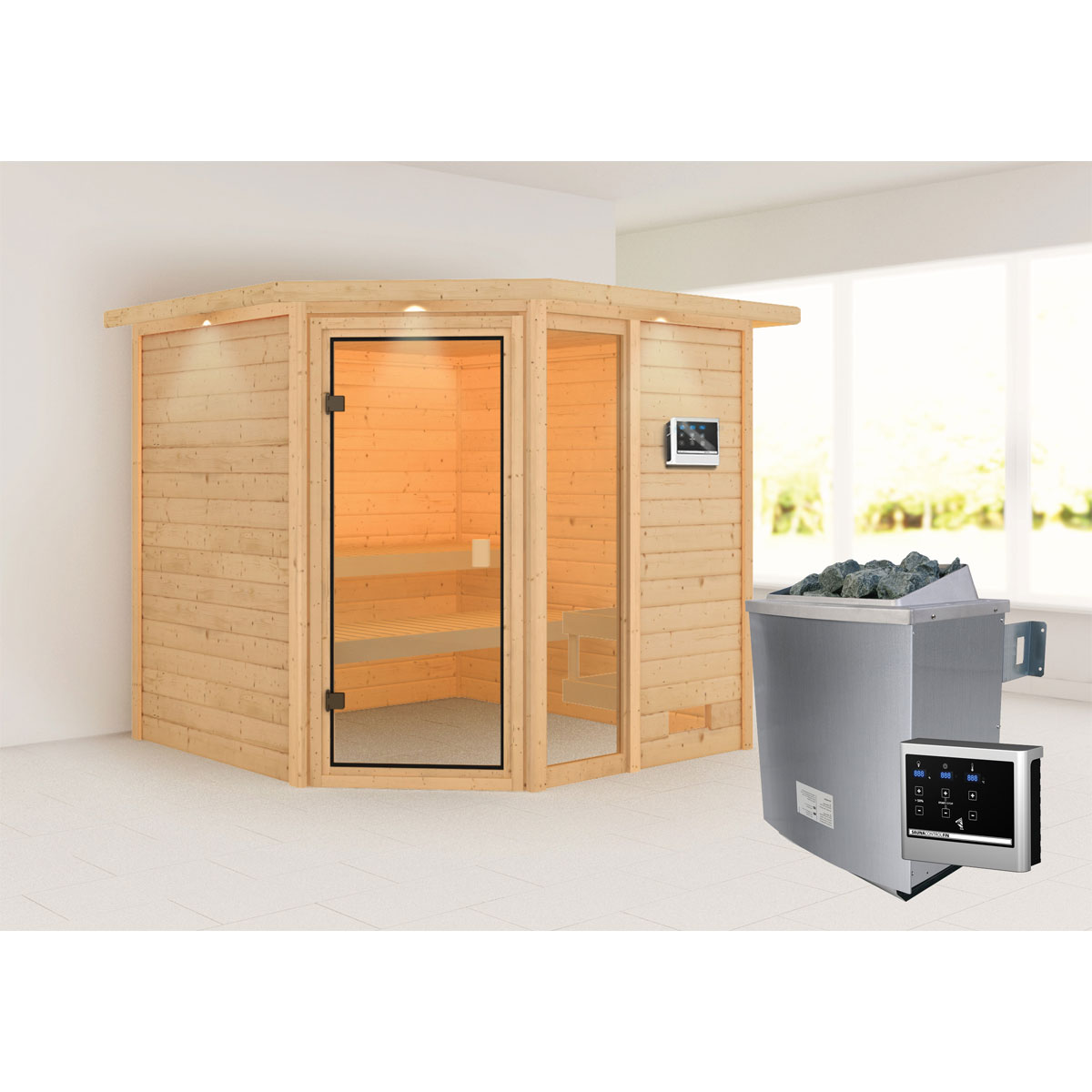 Karibu Sauna Tabea mit Kranz naturbelassen externe Steuerung