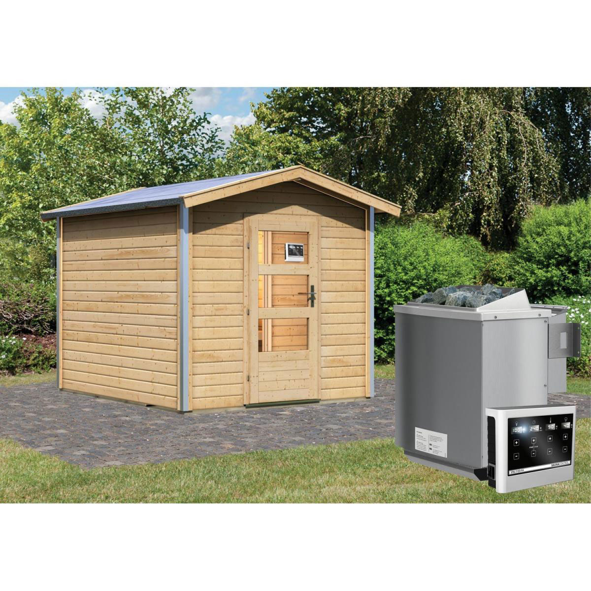 Karibu Saunahaus Bosse 1 38 mm 9 kW Bio Ofen externe Strg moderne Tür Bild 6