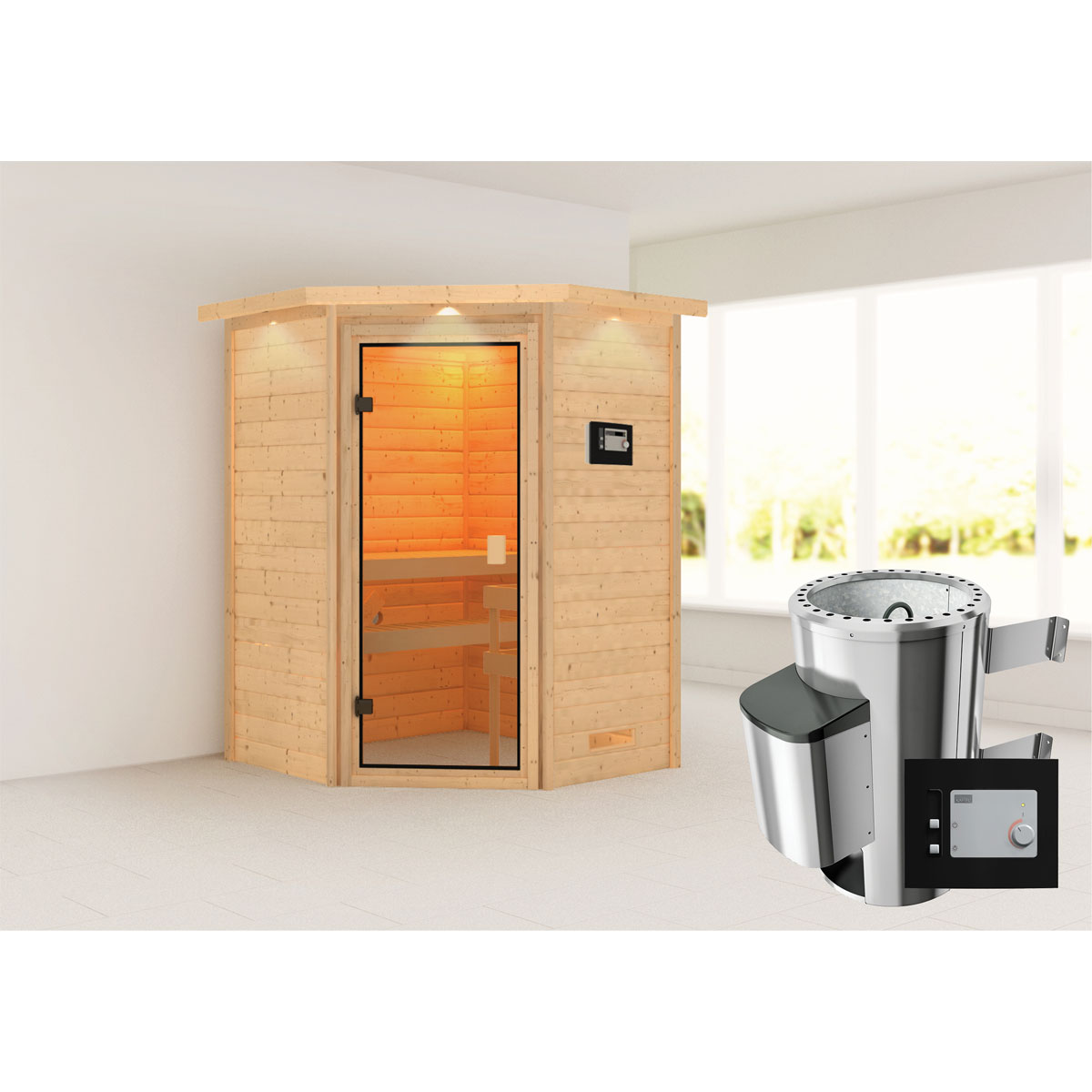Karibu Sauna Antonia 3,6 kW mit Kranz naturbelassen externe Steuerung