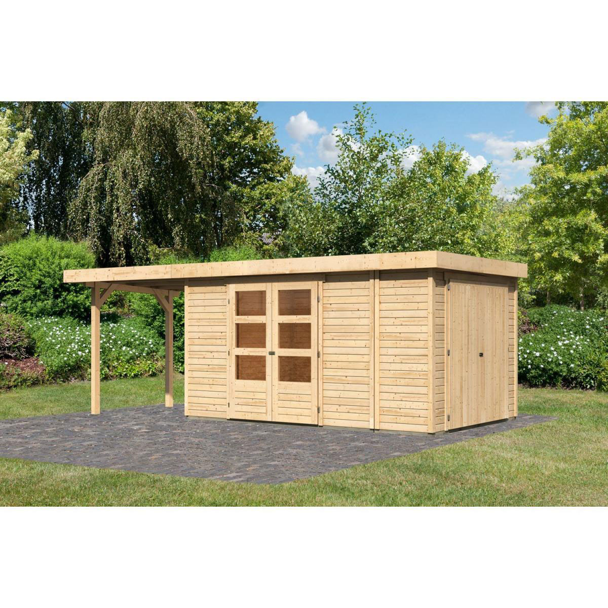 Karibu Gartenhaus Retola 6 inkl Anbauschrank und Anbaudach 2,40 Meter naturbelassen Bild 1