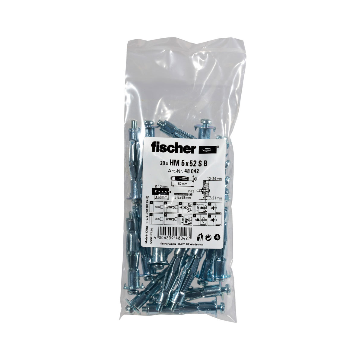 Fischer Hohlraum-Metalldübel HM 5 x 52 mm mit Schraube 20 Stück
