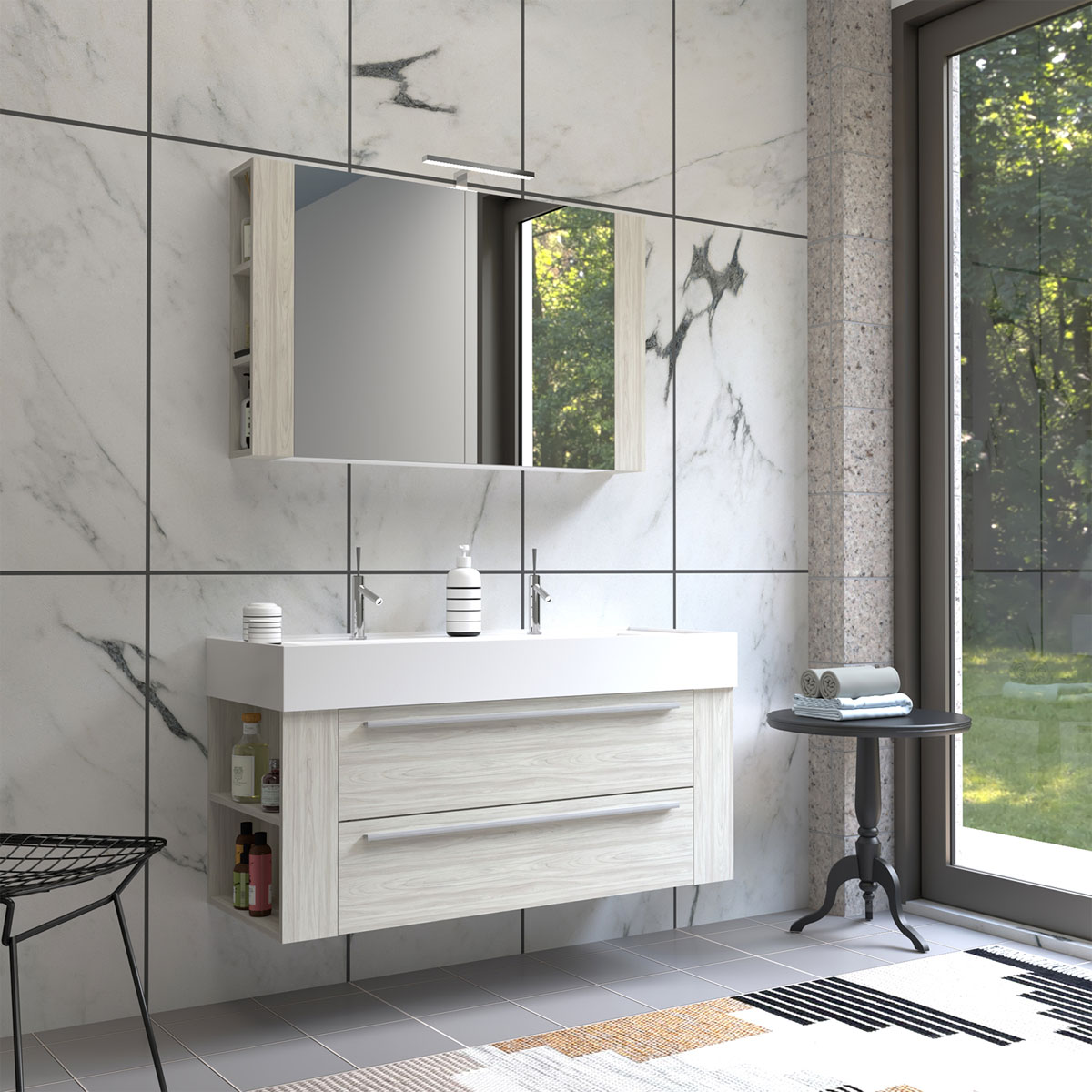 Progetto Idea Stella Badmöbel DOMUS 120 Ulme creme mit Spiegelschrank und Lampe Bild 2