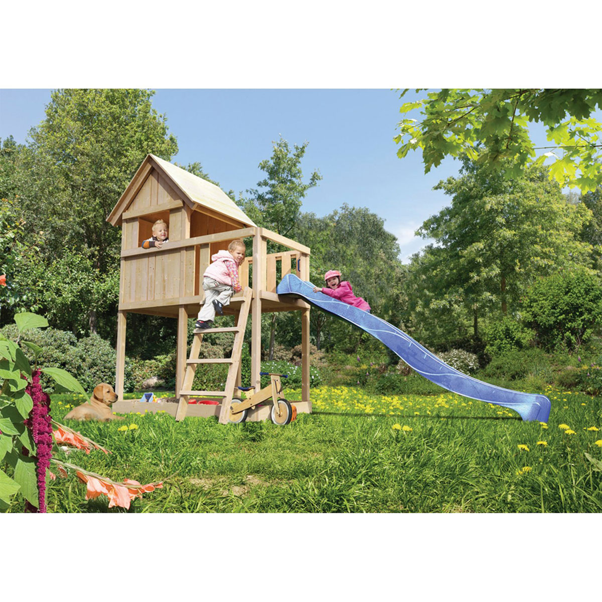 Karibu Kinderspielhaus Frieda mit Anbau und Rutsche naturbelassen