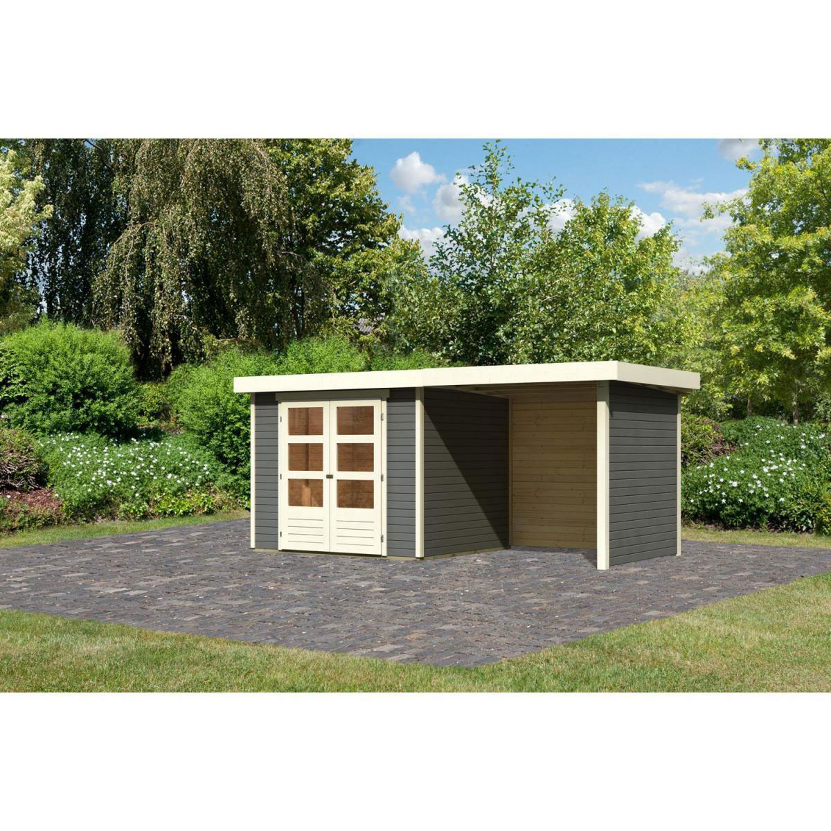 Karibu Gartenhaus-Set Askola 3 mit Anbaudach 2,40 m mit Seiten- und Rückwand terragrau