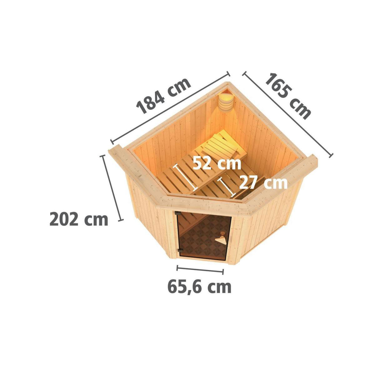 Karibu Sauna Tonja Eckeinstieg 3,6 kW Ofen integr Strg mit Kranz Energiespartür Bild 11
