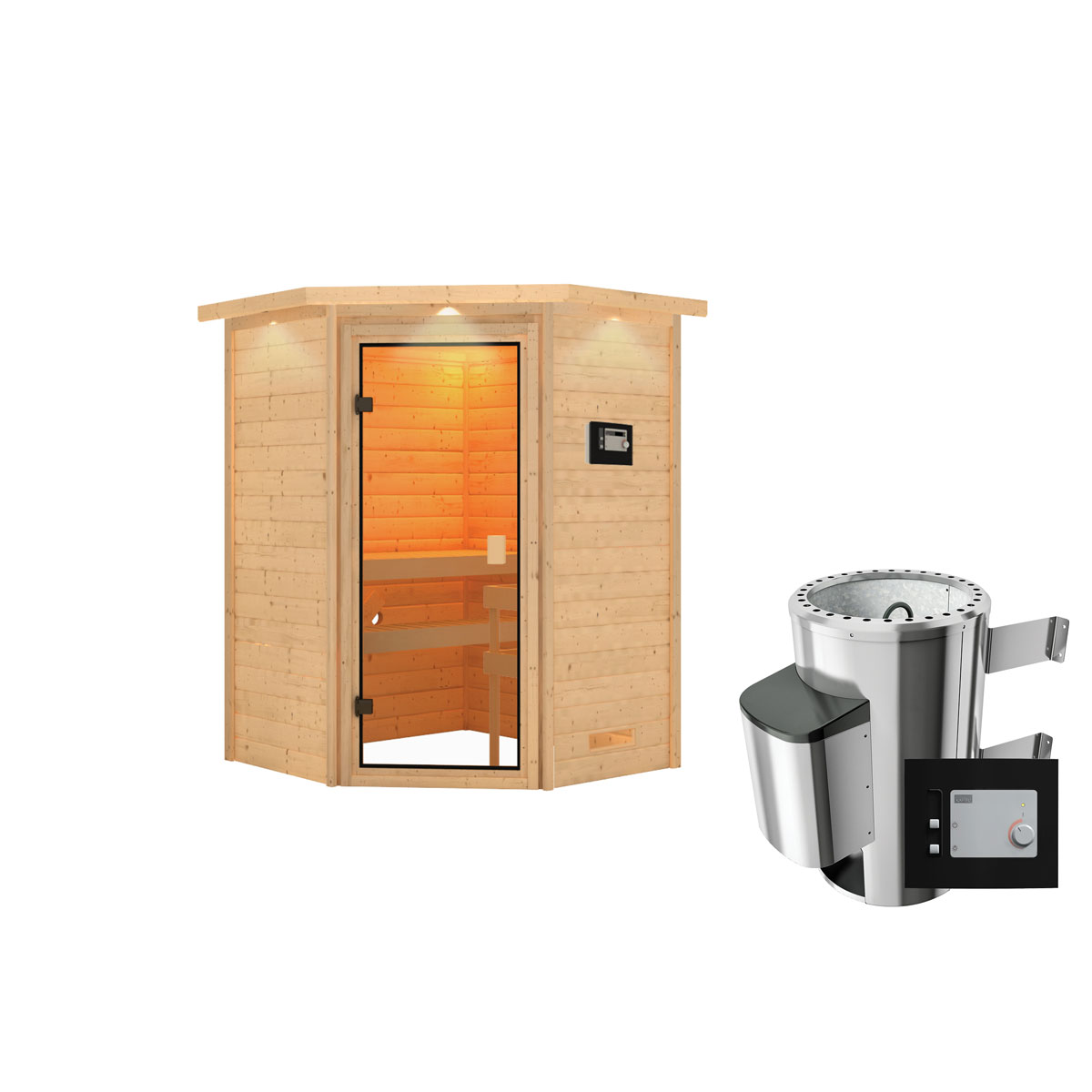 Karibu Sauna Antonia 3,6 kW mit Kranz naturbelassen externe Steuerung Bild 3