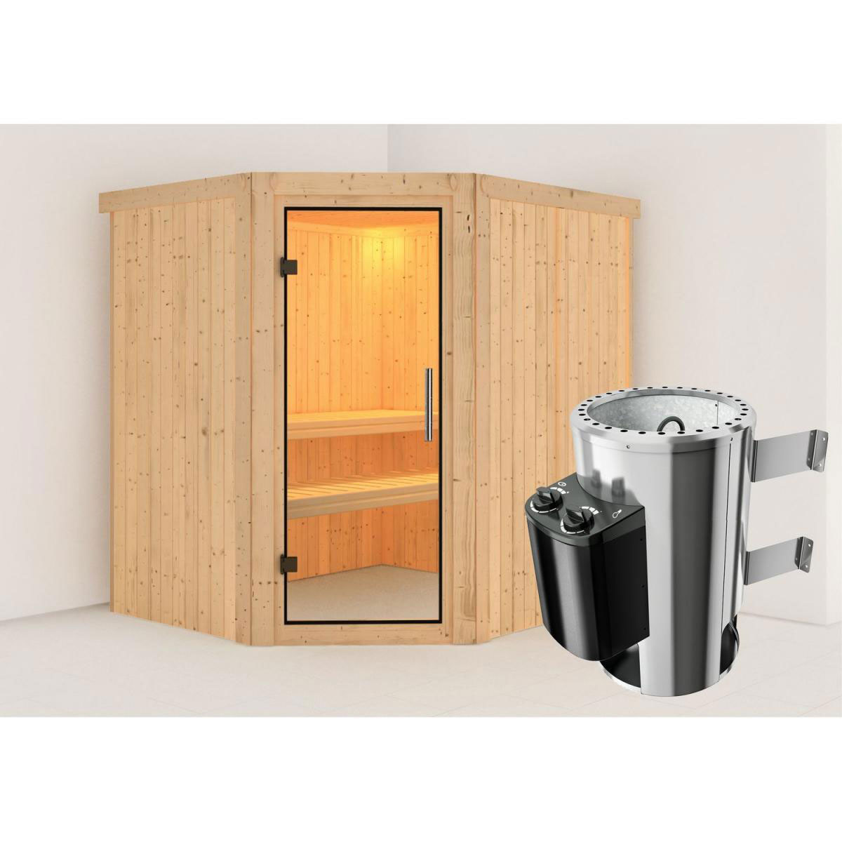 Karibu Sauna Lilja Eckeinstieg 3,6 kW Ofen integr Strg kein Kranz Klarglas-Tür Bild 5