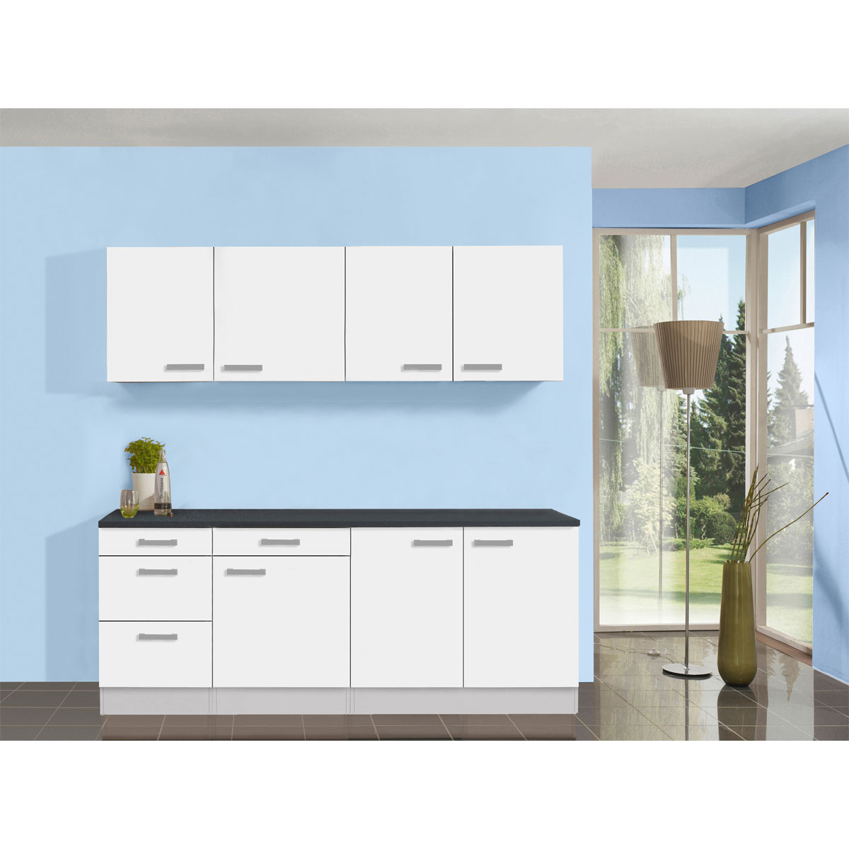 SET Küchenblock Oslo, 1,50m Feinstrukturweiss, Arbeitsplatte antrahzit, ohne Zubehör