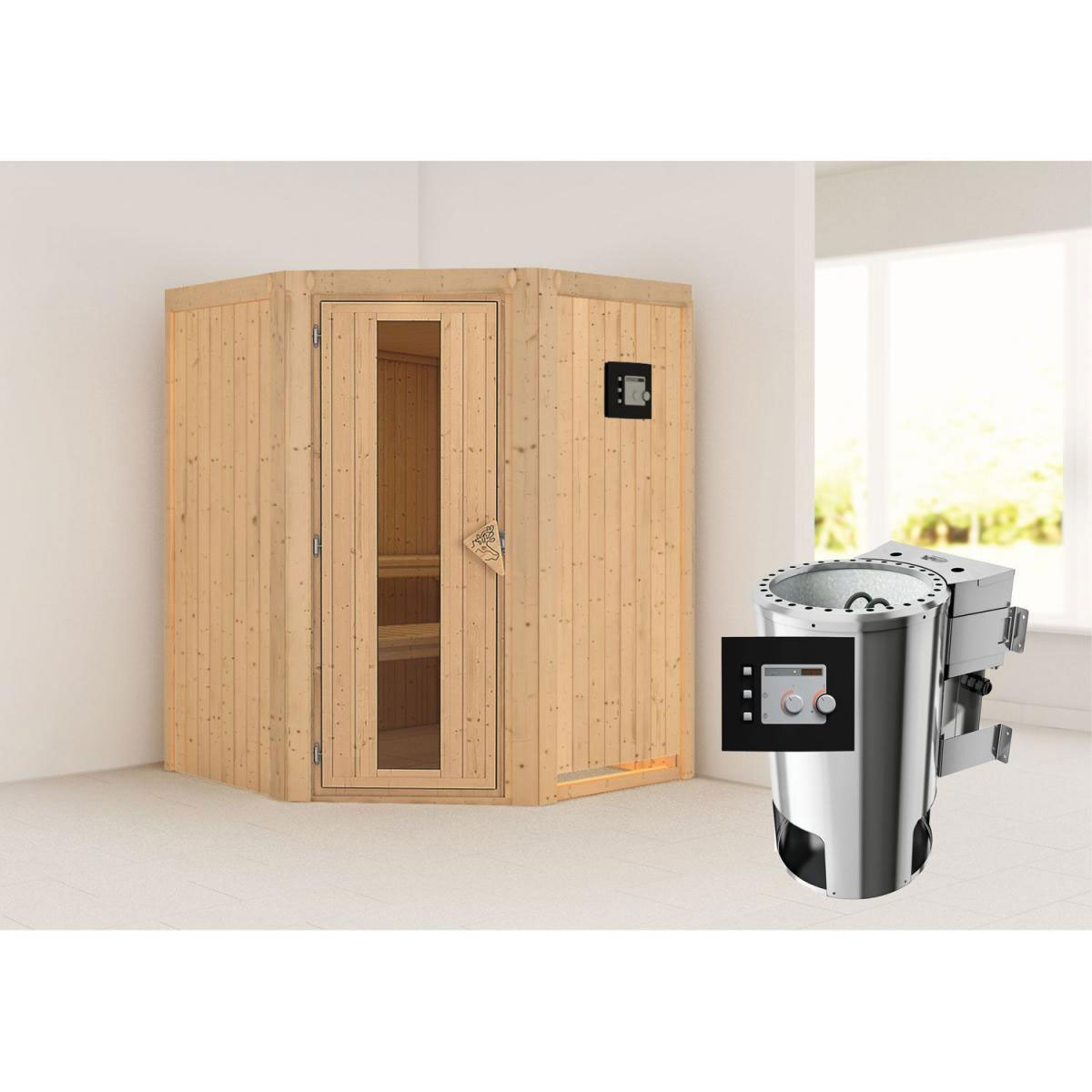 Karibu Sauna Nanja Eckeinstieg 3,6 kW Bio Ofen externe Strg modern kein Kranz Energiespartür Bild 6