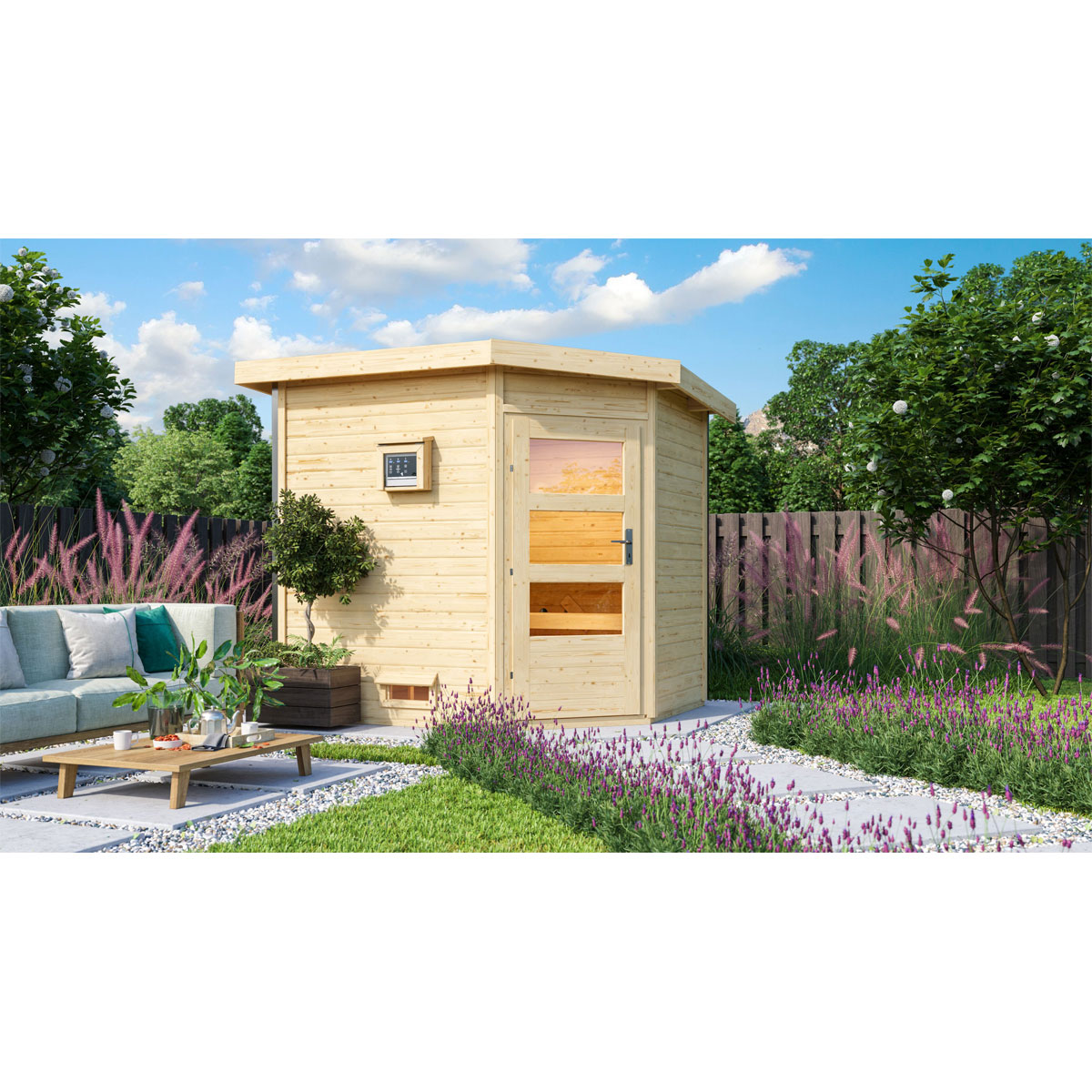 Karibu Saunahaus Mikka 38 mm 9 kW Ofen externe Strg moderne Tür Bild 1