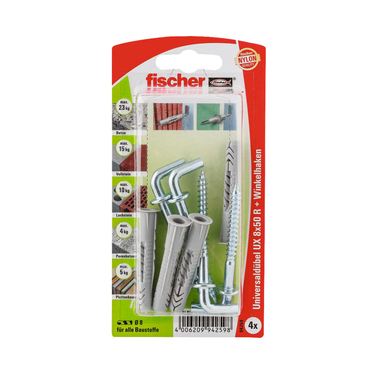 Fischer  Universaldübel UX 8 x 50 mm mit Winkelhaken 4 Stück Fischer  Universaldübel UX 8 x 50 mm mit Winkelhaken 4 Stück