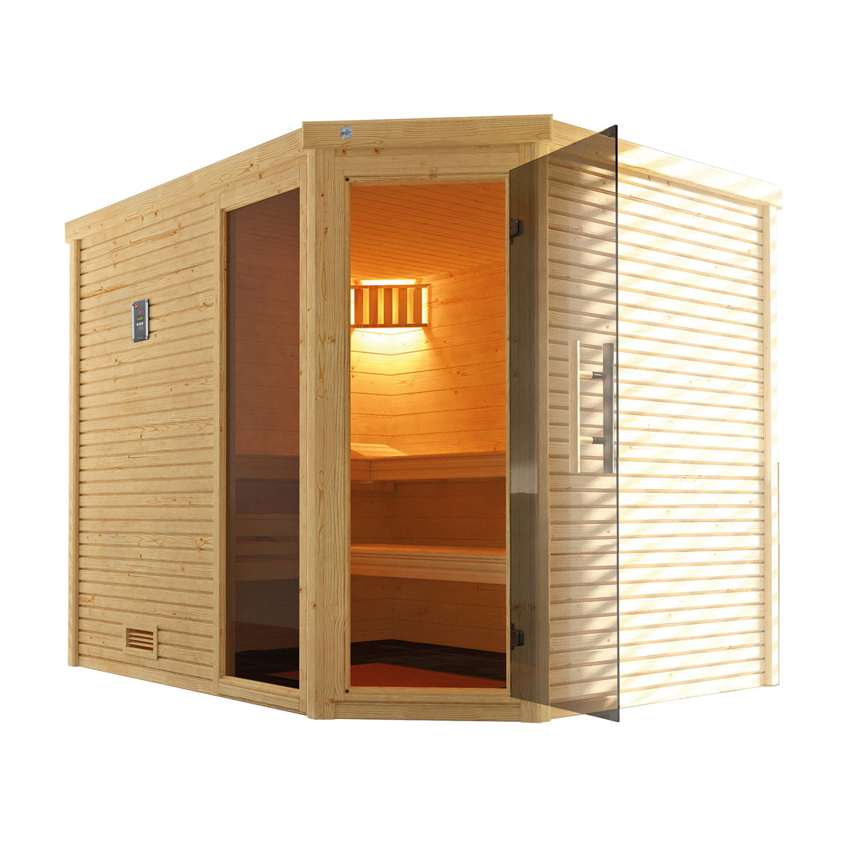 Weka  Premium Massivholz-Sauna Turku Eck Größe 3 Sparset 7,5 kW OS