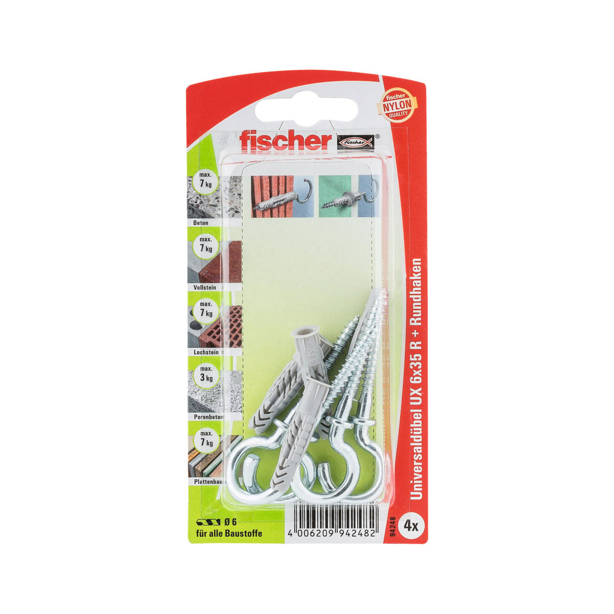 Fischer  Universaldübel UX 6 x 35 mm mit Rundhaken 4 Stück