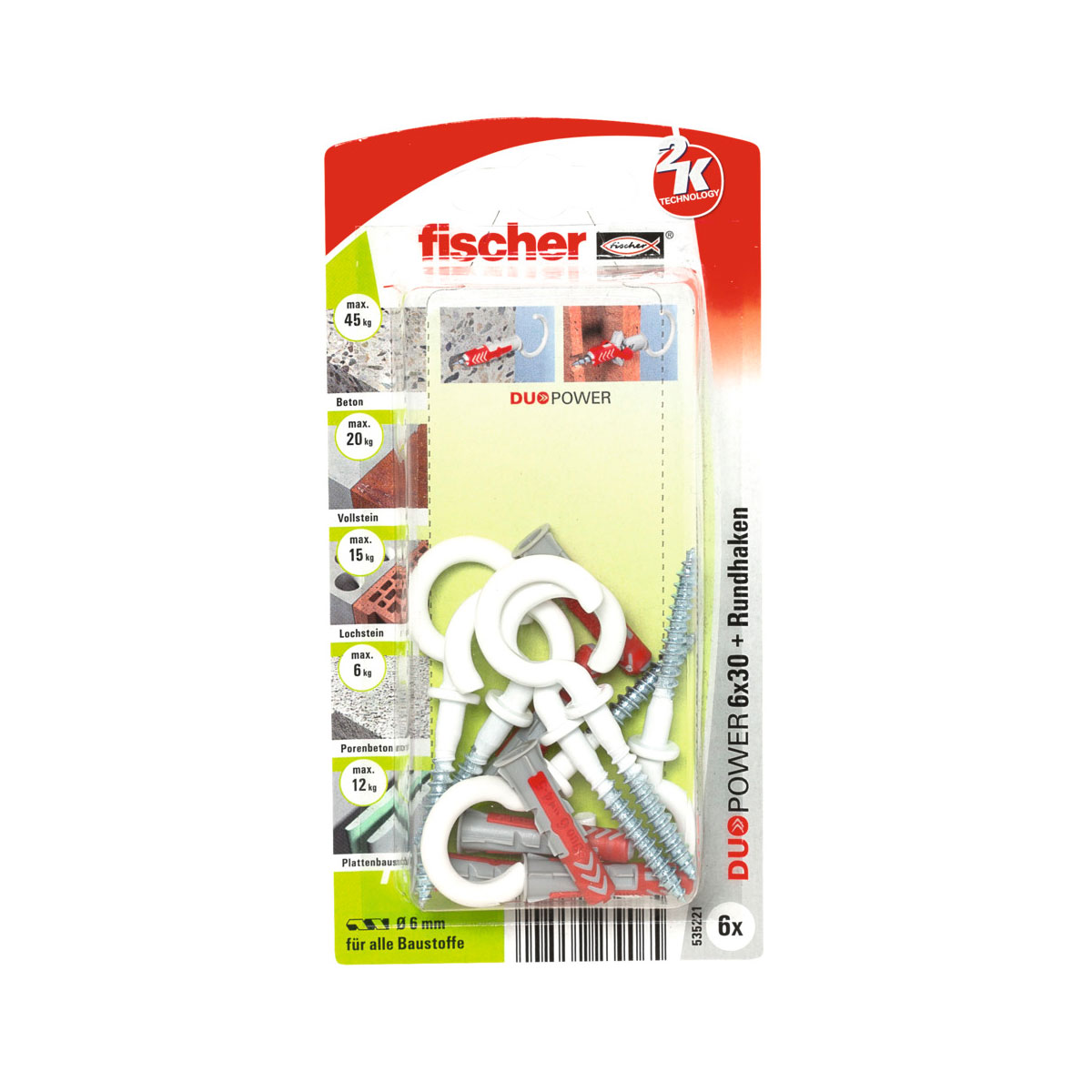 Fischer  Dübel DuoPower 6 x 30 mm mit Rundhaken nylonbeschichtet weiß 6 Stück Bild 1