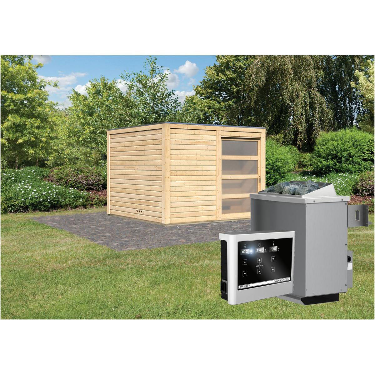 Karibu Saunahaus Cuben 38 mm Ofen 9kW externe St ohne Dachkranz