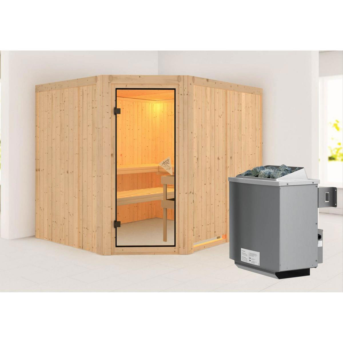 Karibu Systemsauna Malin 68 mm 9 kW Ofen integr Strg ohne Dachkranz