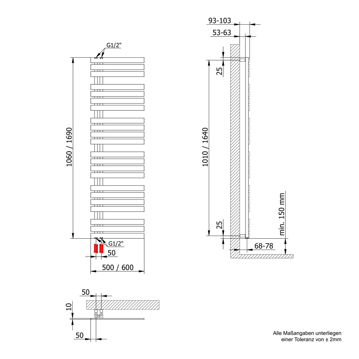 Schulte  Handtuchwärmekörper Breda steckerfertig inklusive Heizstab 1 Anschluss links 60 cm x 169 cm Bild 3