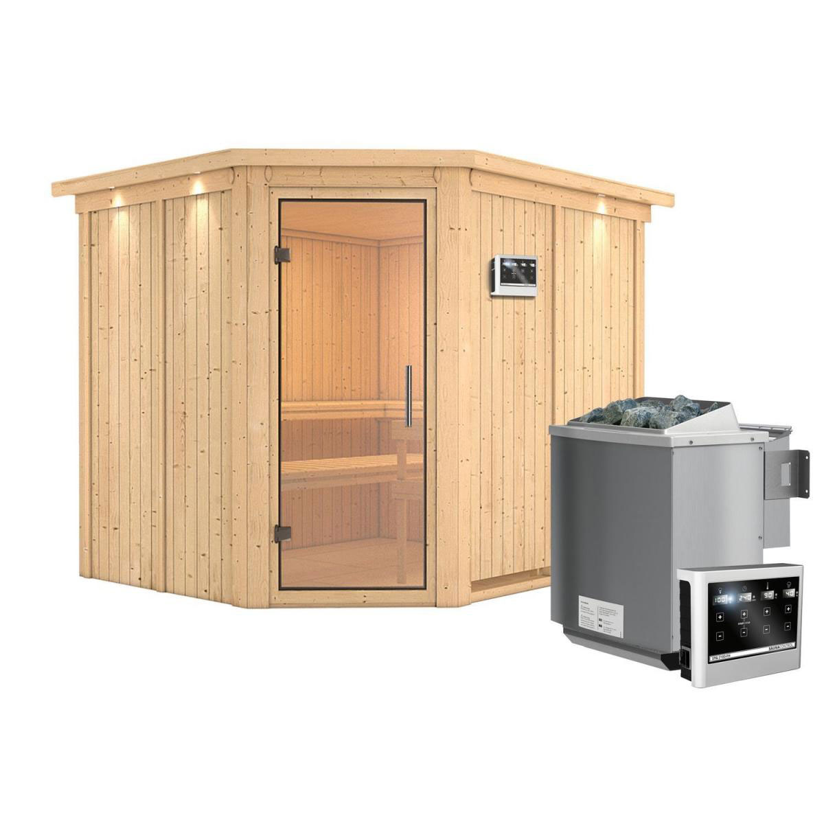 Karibu Sauna Malin Eckeinstieg 9kW Bio Ofen mit Kranz Klarglas-Tür Bild 1