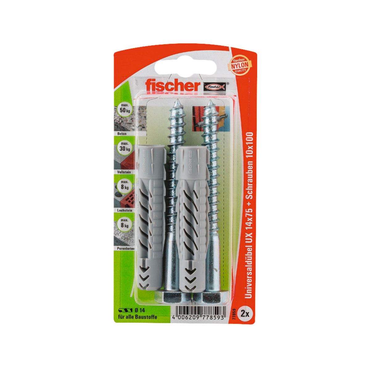 Fischer  Universaldübel UX 14 x 75 mm mit Schraube 2 Stück Fischer  Universaldübel UX 14 x 75 mm mit Schraube 2 Stück