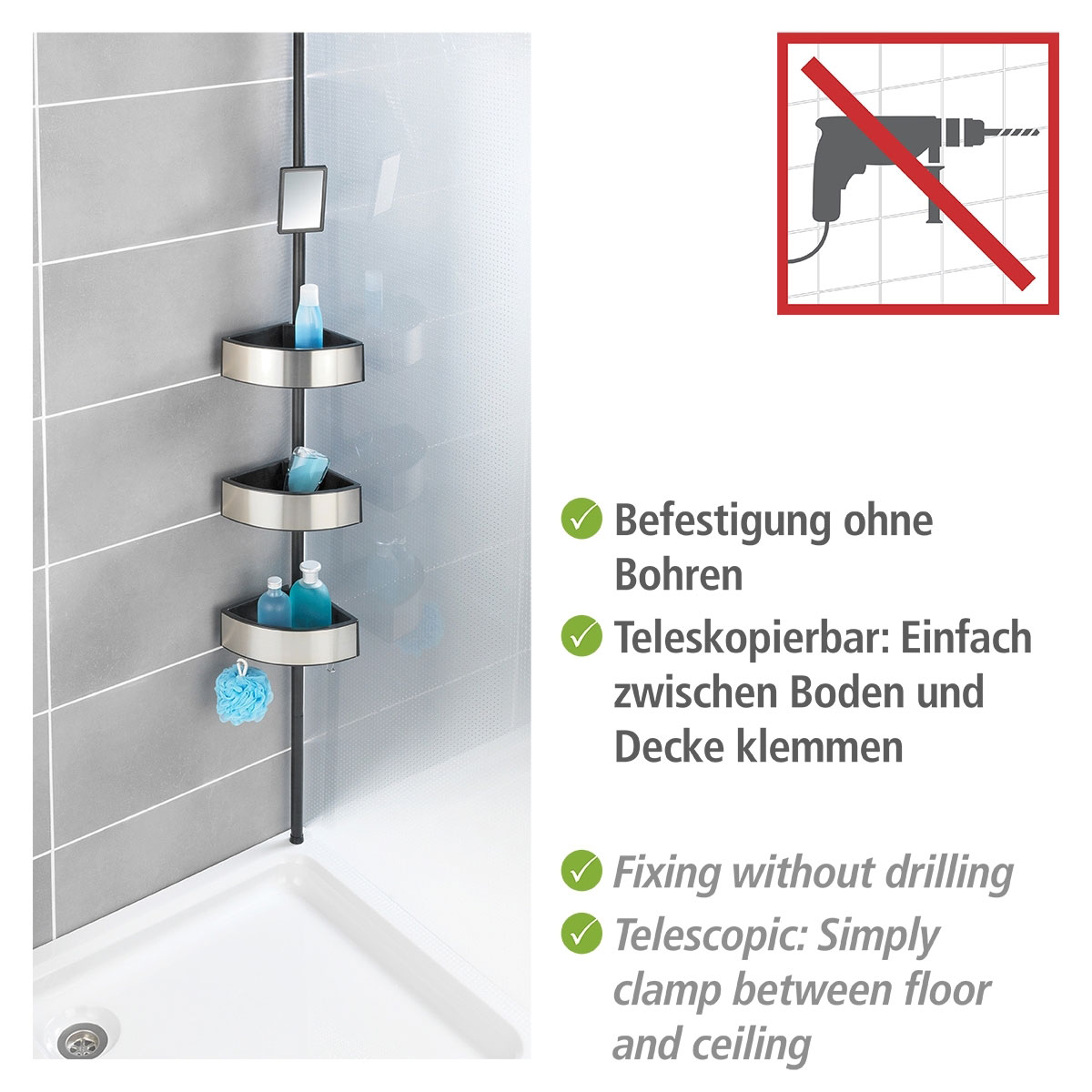 Wenko  Teleskop-Duschecke Premium Big Black Edelstahl rostfrei Bild 3