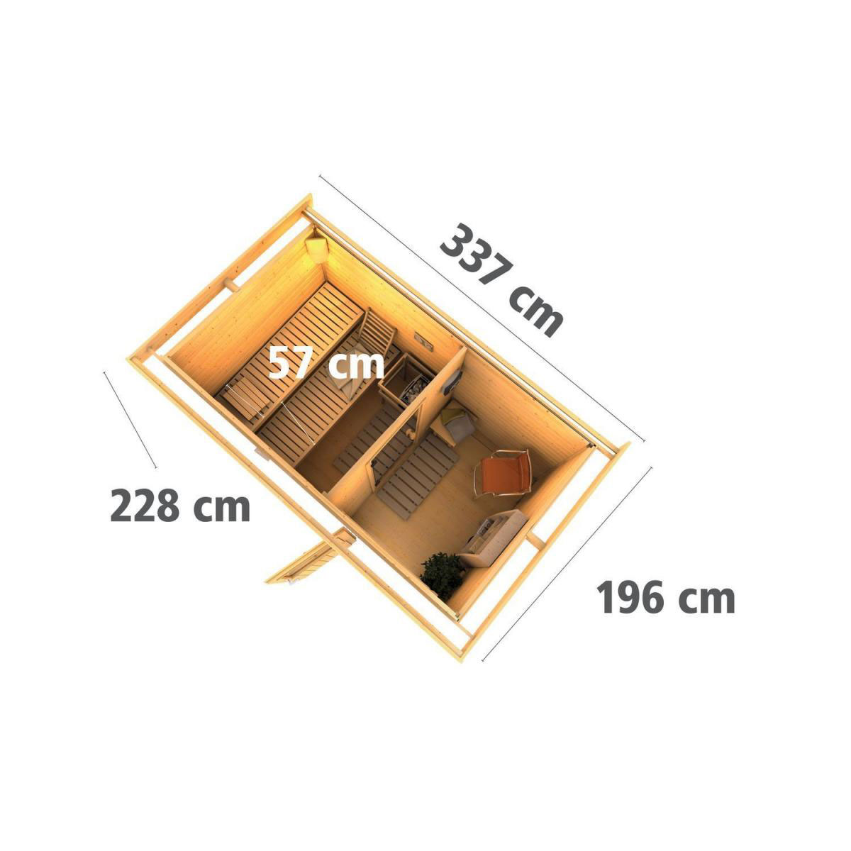 Karibu Saunahaus Skrollan 1 38 mm ohne Ofen Milchglastür Bild 9