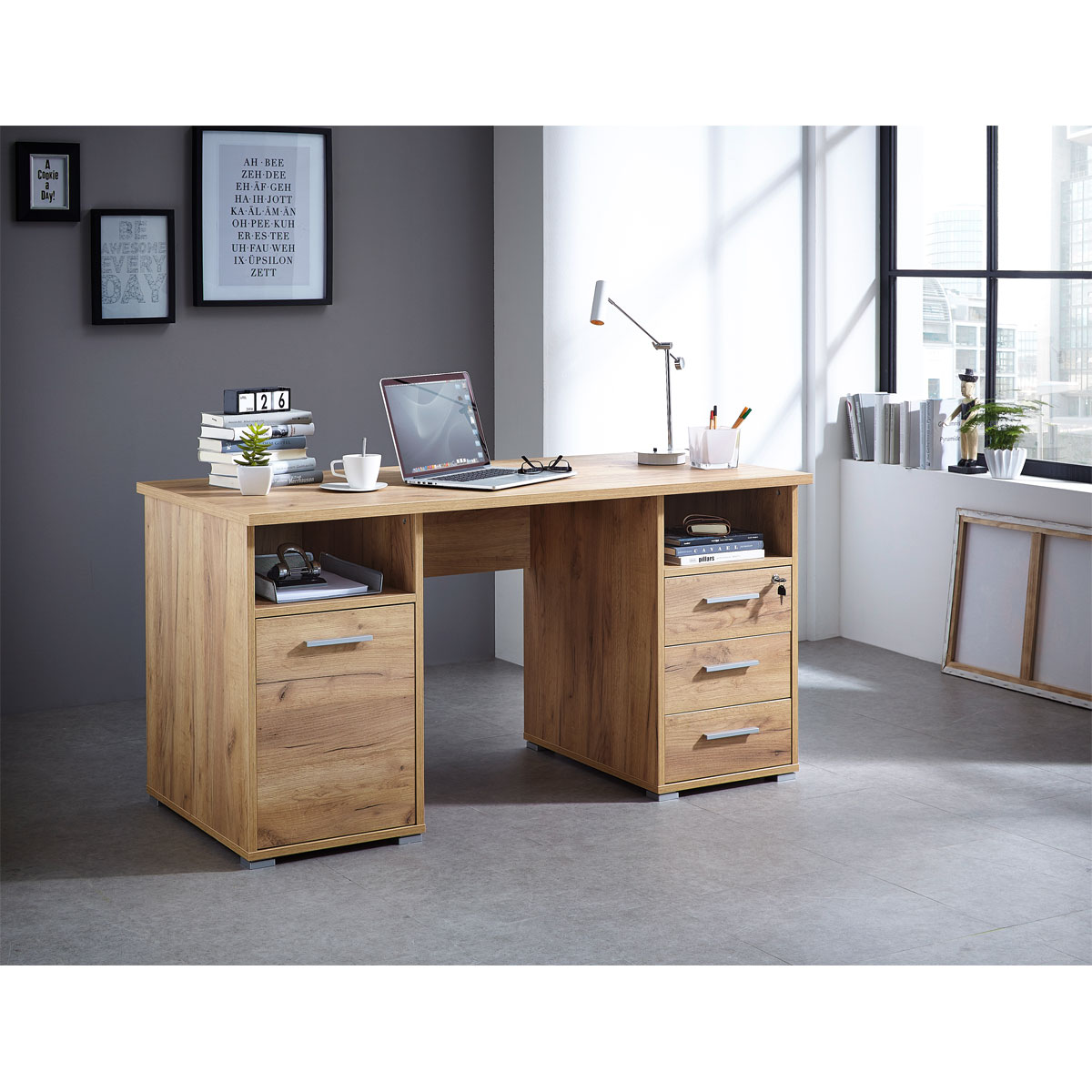 Schreibtisch Keep mit Stauraum 145 x 75 x 70 cm Navarra-Eiche-Nachbildung Bild 6