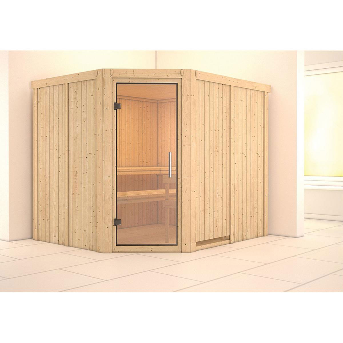 Karibu Sauna Malin Eckeinstieg ohne Ofen kein Kranz Klarglas-Tür Bild 4