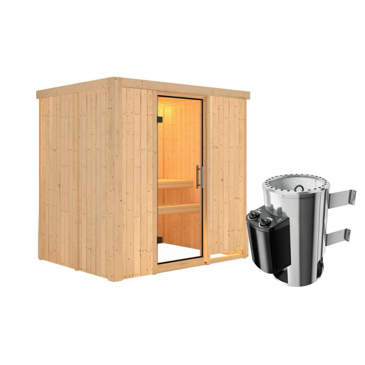 Karibu Sauna Fanja Fronteinstieg 3,6 kW Ofen integr Strg kein Kranz Klarglas-Tür