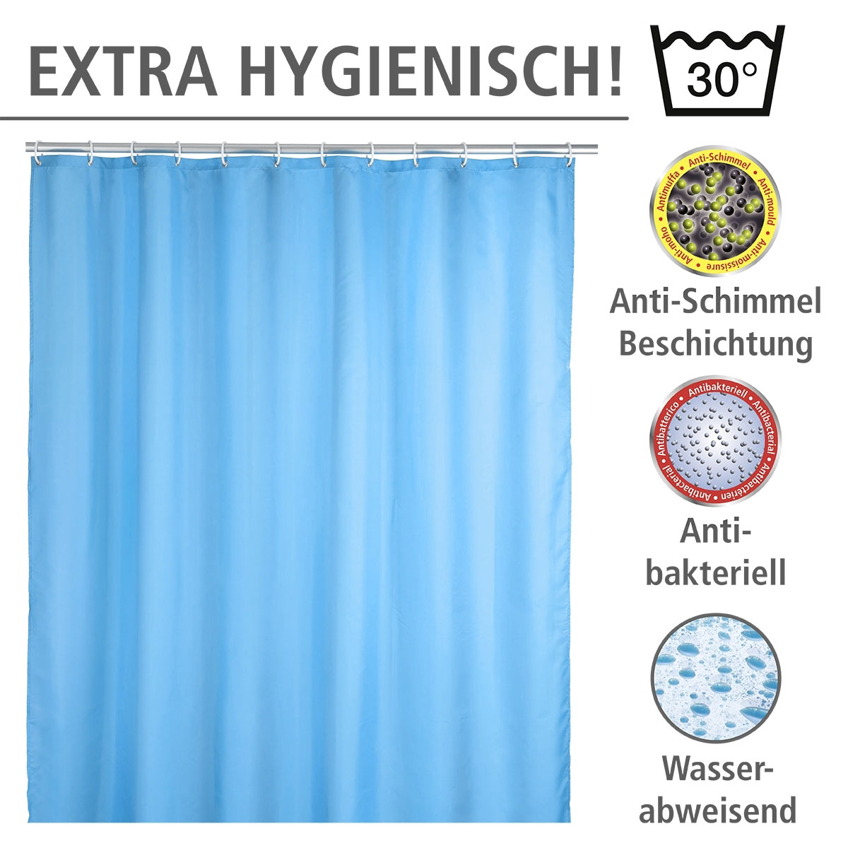 Wenko  Anti-Schimmel Duschvorhang Uni Light Blue Textil Polyester 180 x 200 cm waschbar Bild 3