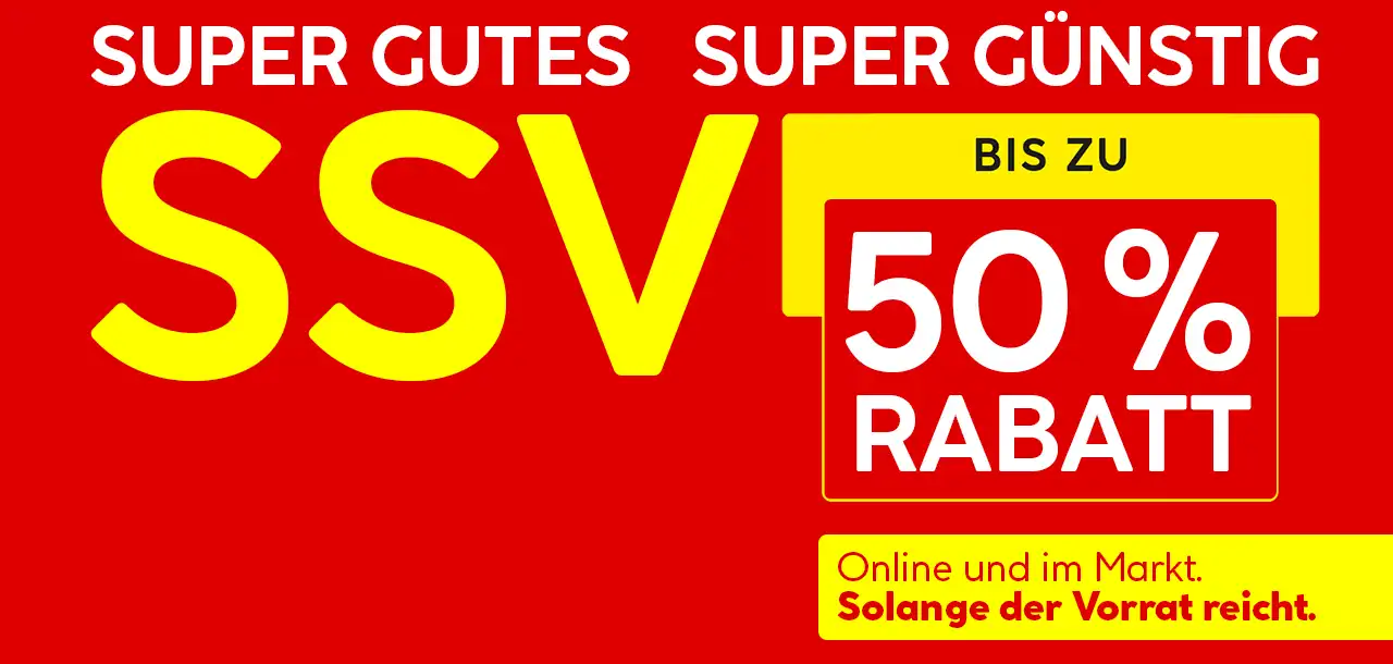 SSV Schrift auf rotem Hintergrund, Bis zu 50% Rabatt rot quer