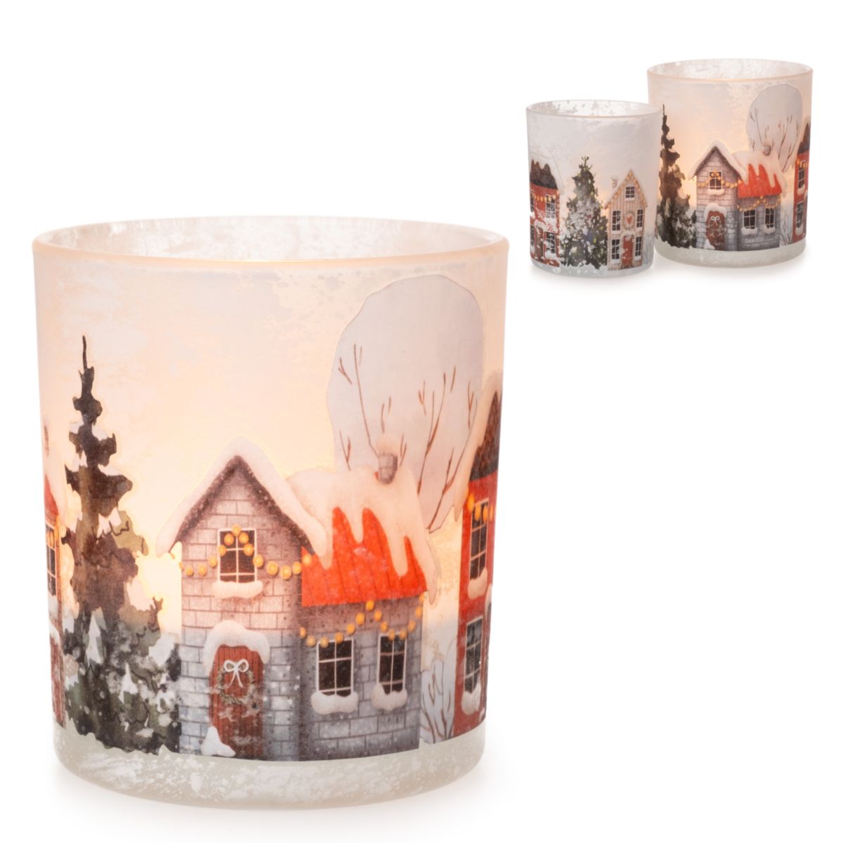 Glaswindlicht verschneite Häuser 10cm weiss bunt