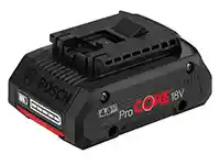 Ein Bosch ProCORE18V Akku liegt auf einer weißen Oberfläche in einem neutralen Raum.