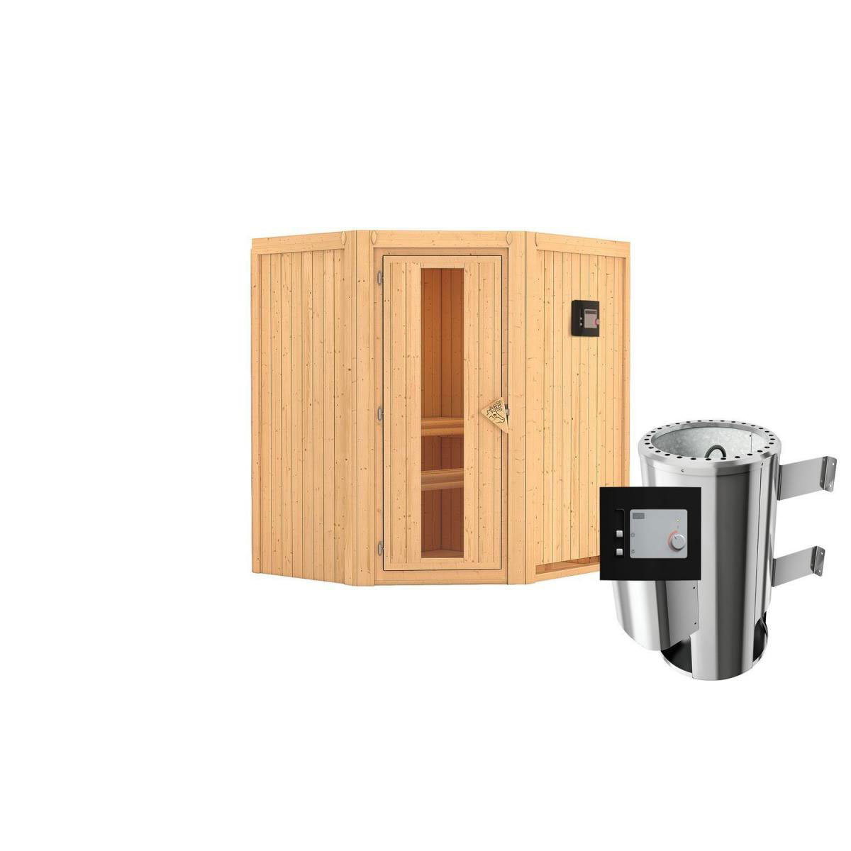 Karibu Sauna Tonja Eckeinstieg 3,6 kW Ofen externe Strg kein Kranz Klarglas-Tür