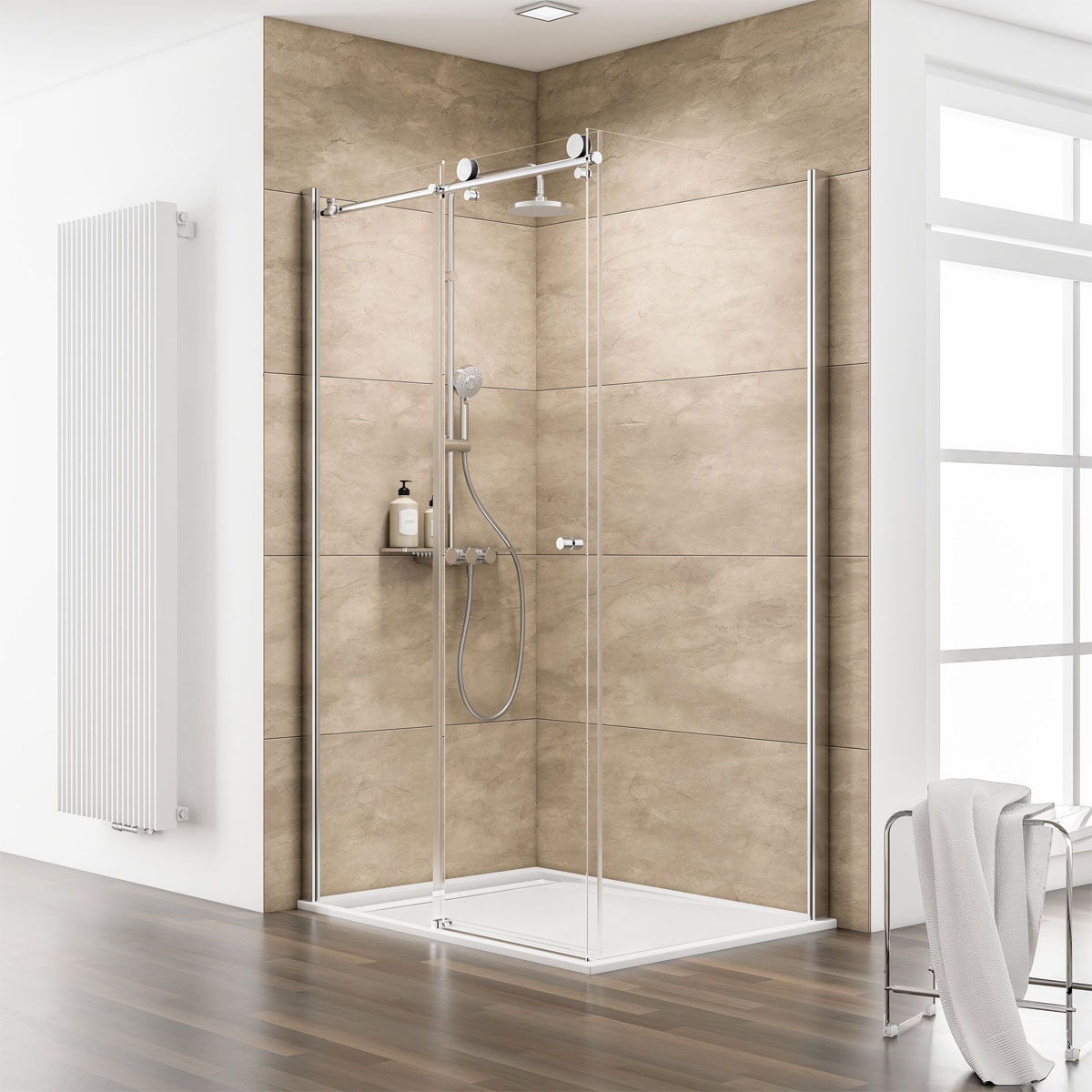 Schulte Schiebetür Master Class inkl Seitenwand 120 x 90 cm links chrom Rinne weiß Bild 1