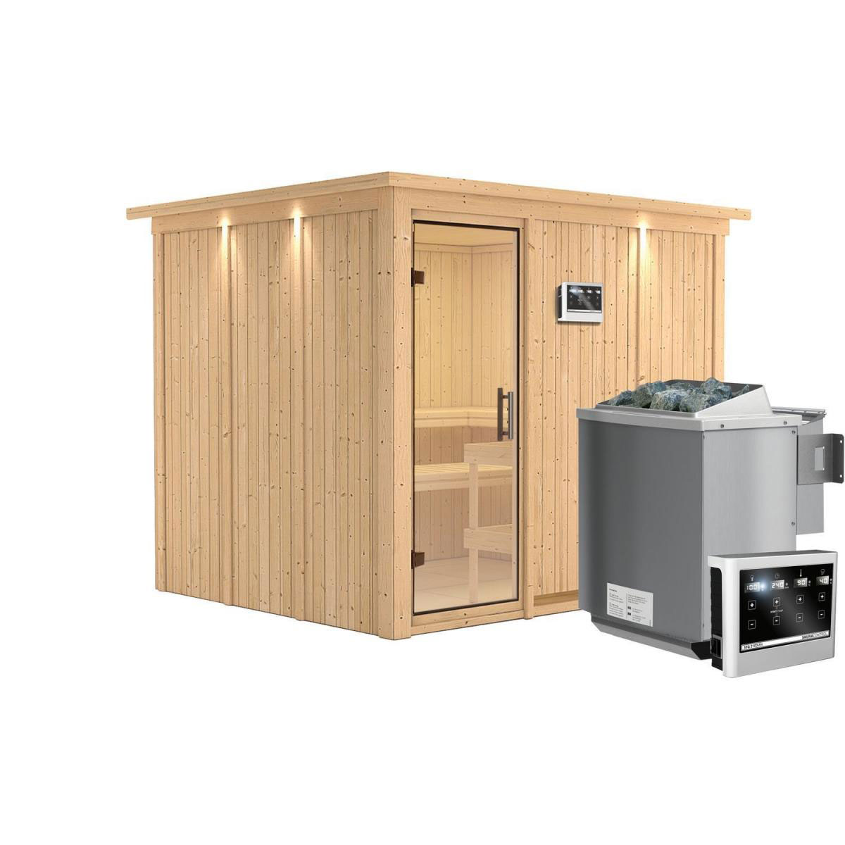 Karibu Sauna Gobin Fronteinstieg 9kW Bio Ofen mit Kranz Klarglas-Tür