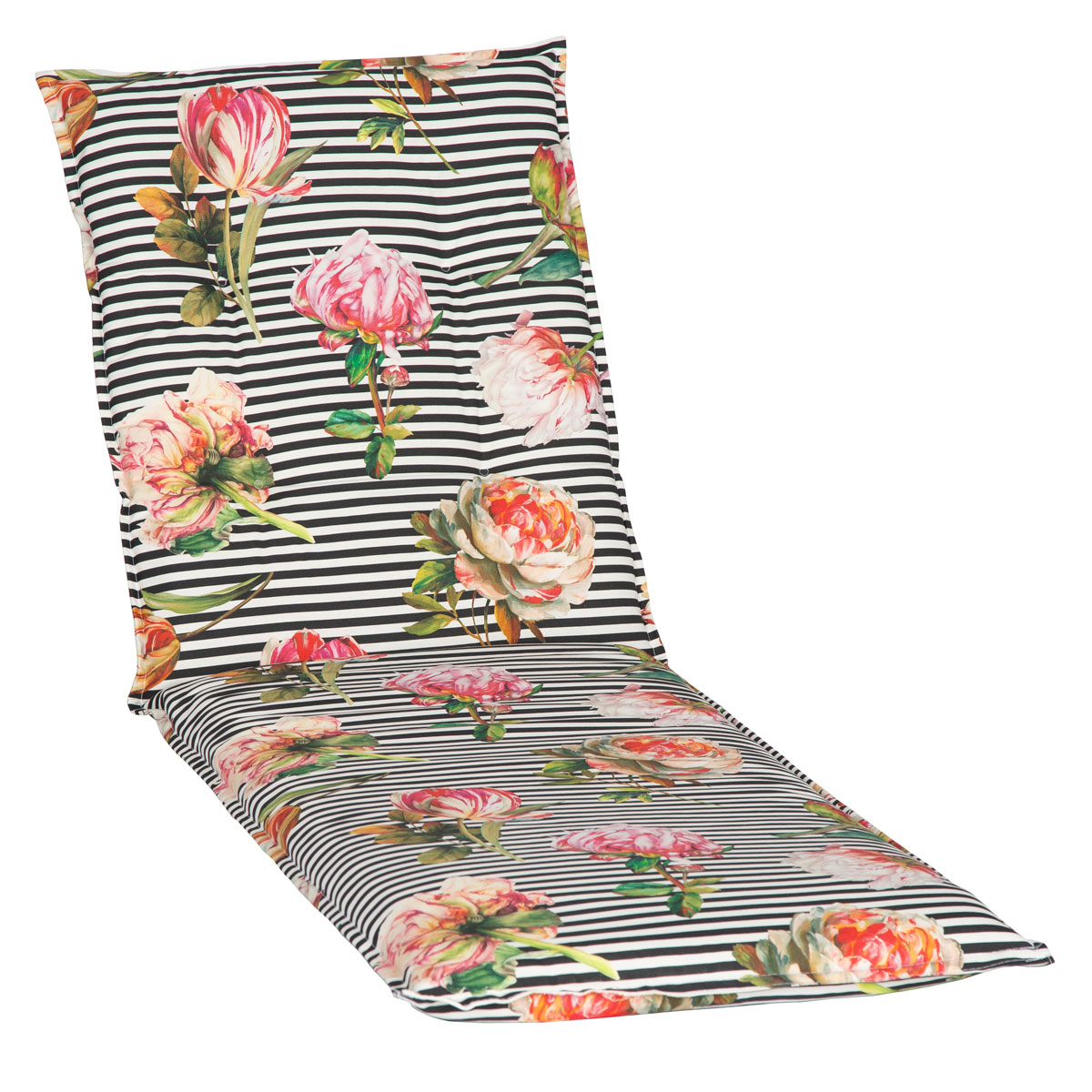 Liegen-Saumauflage Toronto BE129 rosé/pinke Pfingstrosen auf schwarz-weißen Streifen