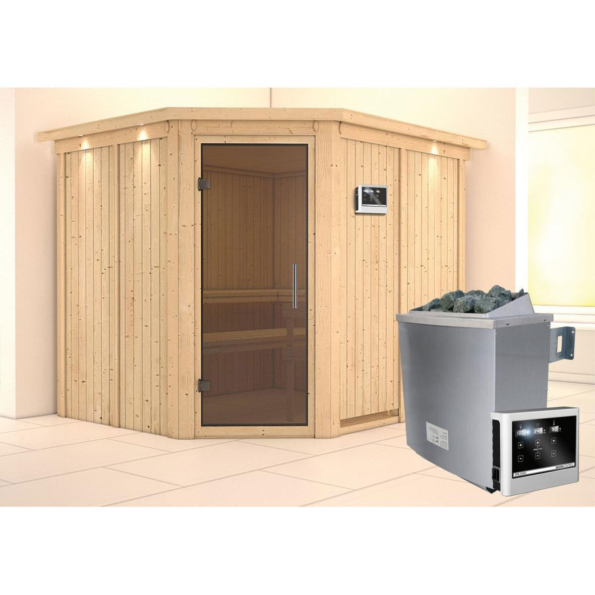 Karibu Sauna Malin Eckeinstieg 9 kW externe Strg modern Tür graphit mit Kranz