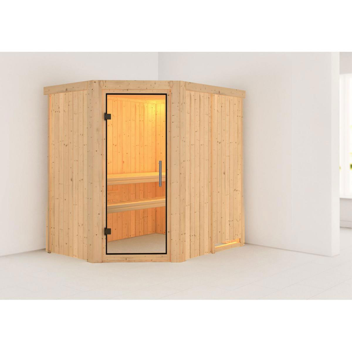 Karibu Sauna Carin Eckeinstieg ohne Ofen kein Kranz satinierte Glastür Bild 4