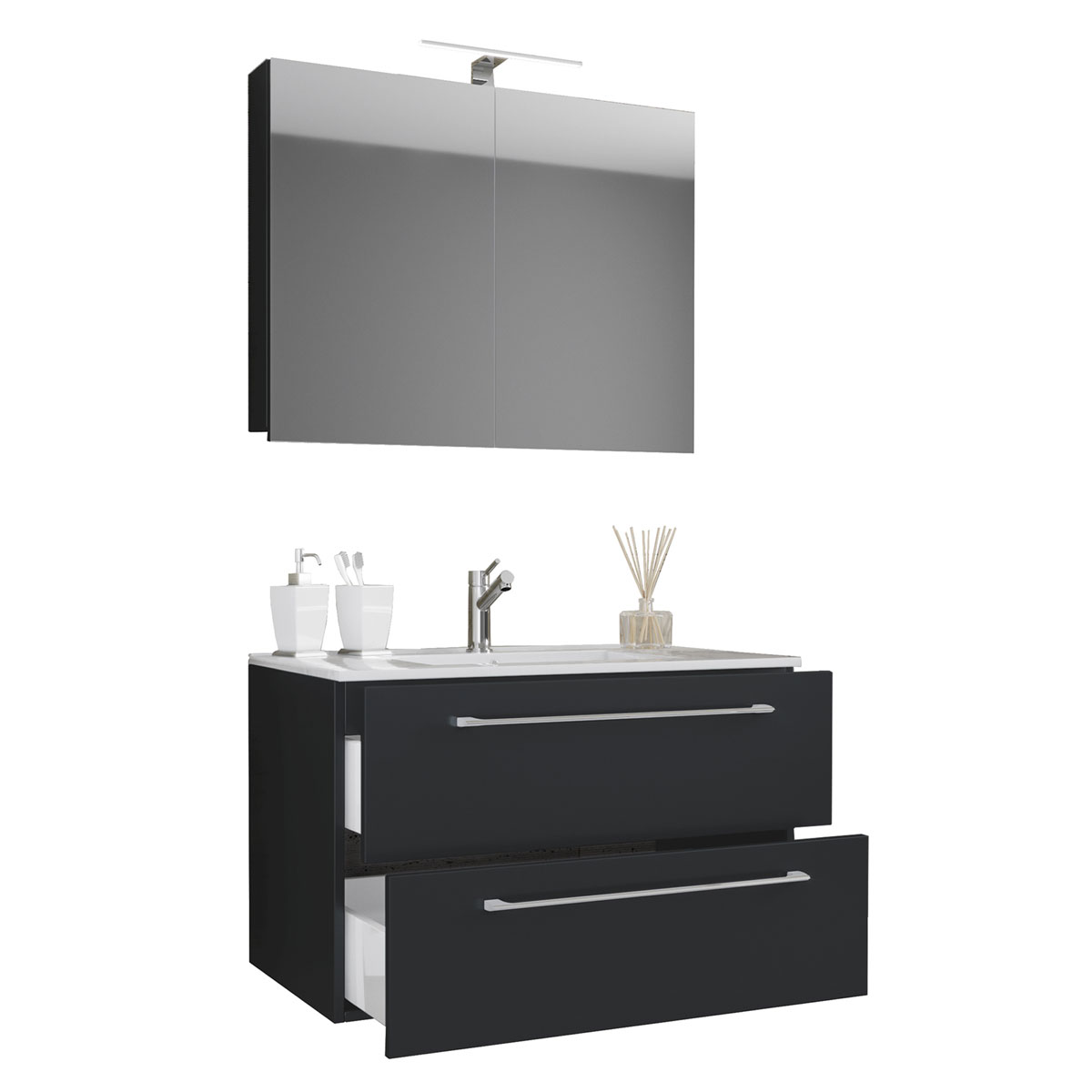 Waschplatz 60 cm 3-teilig 2 Schubfächer mit Spiegelschrank schwarz